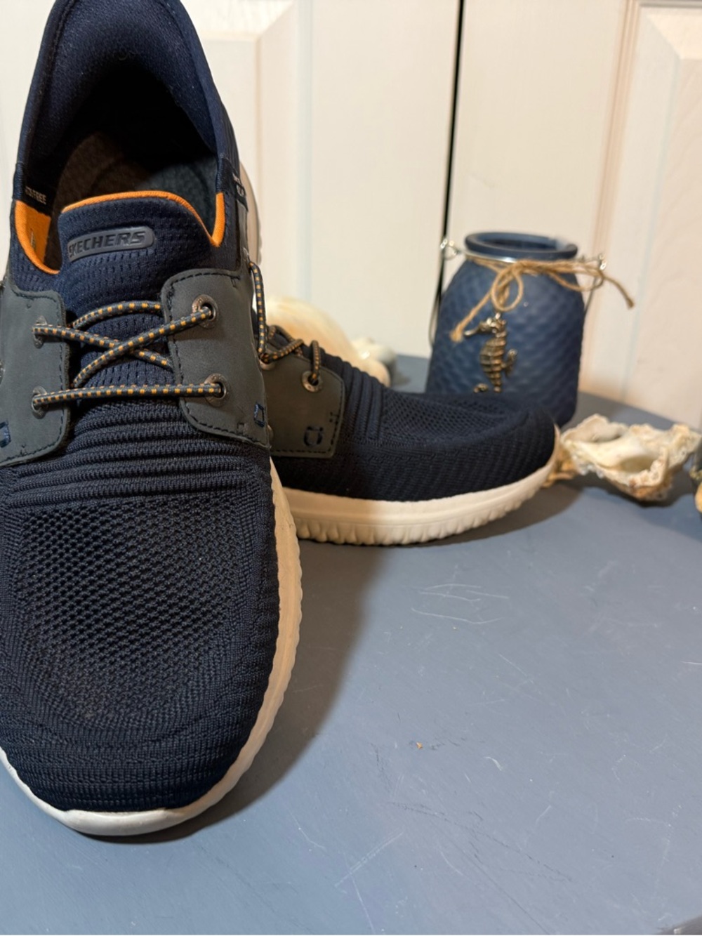 Skechers Men's Navy Knit Slip-On Sneaker with Orange Accent - Picture 2 of 6